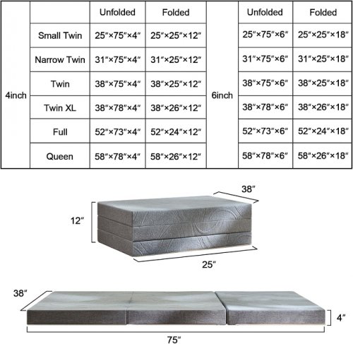 twolike tri folding foam mattress - 4" x 38" x 75" - twin - grey image 2