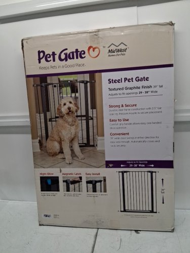 MIDWEST HIGH METAL WALK-THRU SAFETY GATE - MAGNETIC LATCH - GLOW IN THE DARK LATCH - 29"-38"W x 39"H - GRAPHITE GREY (MODEL: 2939SG-GL) image 3