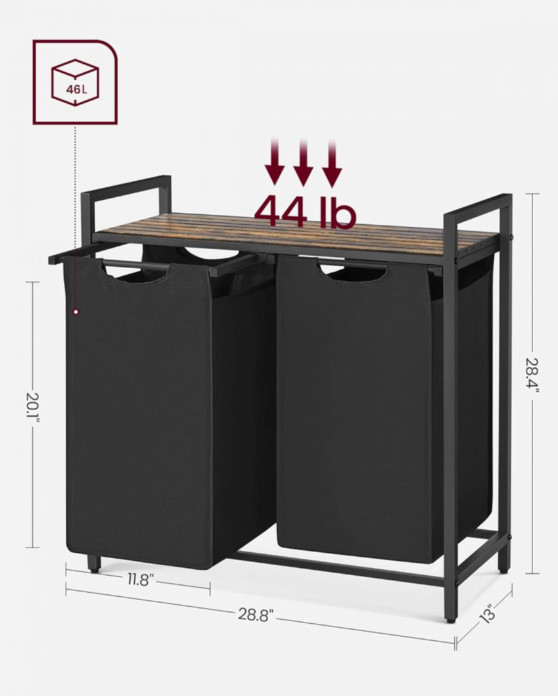 VASAGLE Laundry Basket Hamper - 92l total - 28.8' x 13" x 28.4" - black/brown (MODEL: BLH201B01V2) image 2