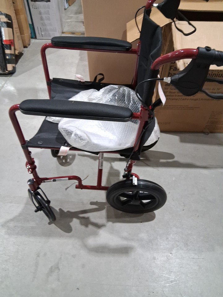 MEDLINE BASIC ALUMINUM TRANSPORT WHEELCHAIR 12" REAR WHEELS WITH BRAKES - 19"/300lbs cap - RED/black (MODEL: MDS808210ARE) image 4