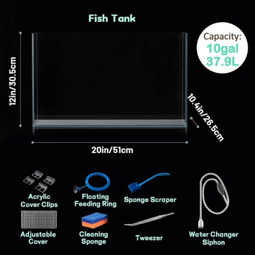 LAQUAL ULTRA CLEAR RIMLESS GLASS SMALL FISH TANK with water changer siphon - 10GAL - 12" x 20" x 10" - CLEAR GLASS (MODEL: LAQUAL-10G) image 2