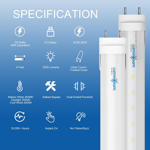 16PK LUMINOSUM T8 Dual-end Powered PIN LED TUBE Ballast Bypass Retrofit - 20W - 4000K - 48" - COOL WHITE (MODEL:AA-T8R-1200-20W-50-C-C) image 3