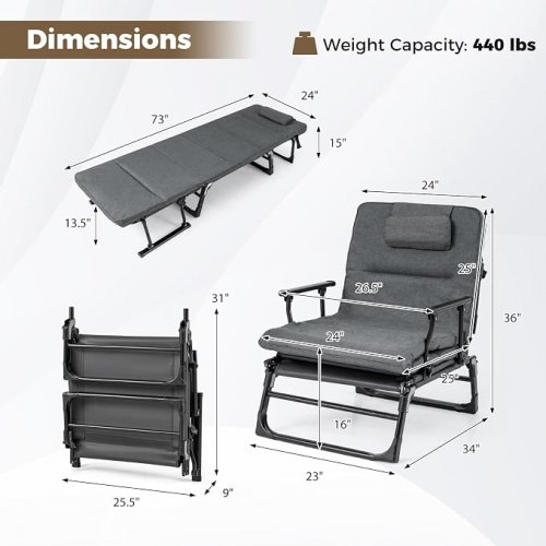 KOTEK 3-in-1 6 position Chaise Lounge/Chair/Camping Cot - grey (model: np12627gr) image 2