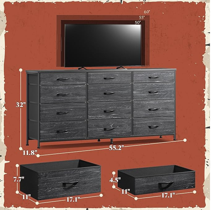 Romorgniz 12 fabric drawer dresser - 32" x 11.8" x 55.2" - black (model: 55scfdr12d140lch) image 2