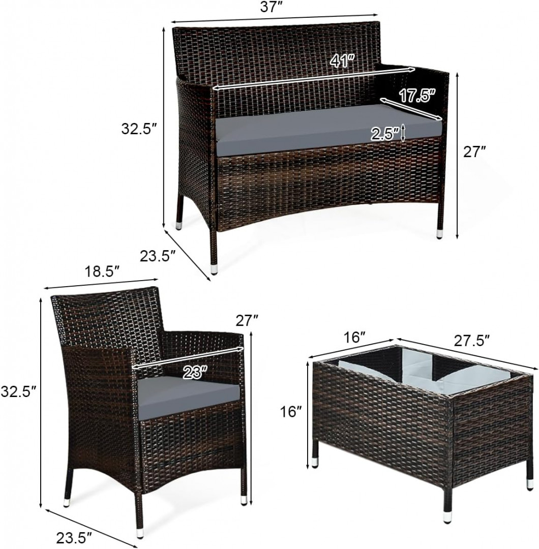 4PC Costway Outdoor Wicker Rattan Chairs with Coffee Table - black/grey (model: hw75200gr) image 2