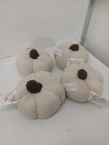 4 Teddy Fleece Pumpkin decorative throw Pillow - 9" x 9" x 4.5" - cream/brown image 2