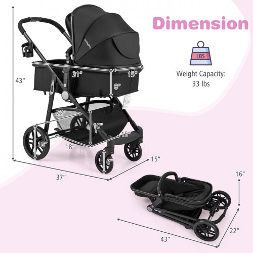 baby joy 2-in-1 foldable travel baby stroller - 43" x 37" x 15" - black (model: bb5636bk) image 2