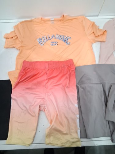 5 ASSORTED GIRL'S CLOTHES - 1 LONG SLEEVE SHIRT, 1 SHIRT, 2 SHORTS, 1 LONG PANTS - EXTRA LARGE (14/16) - PURPLE/PINK/GREEN image 2