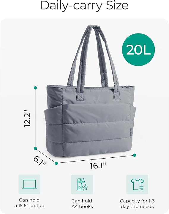 Women's JUYGO puffy quilted Tote Bag with multiple pockets and luggage strap for carry-on functionality - grey image 2