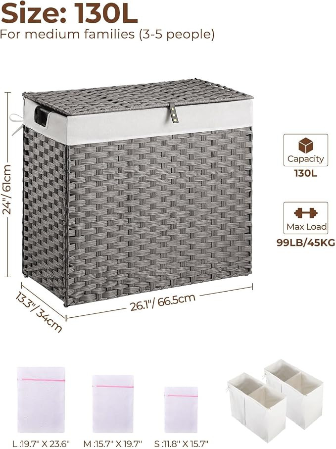 Greenstell Synthetic Rattan Laundry Hamper with Lid with 2 Removable Liner Bags - 110L - 99LBS CAP - Grey (Model: LH005-V2-D) image 2