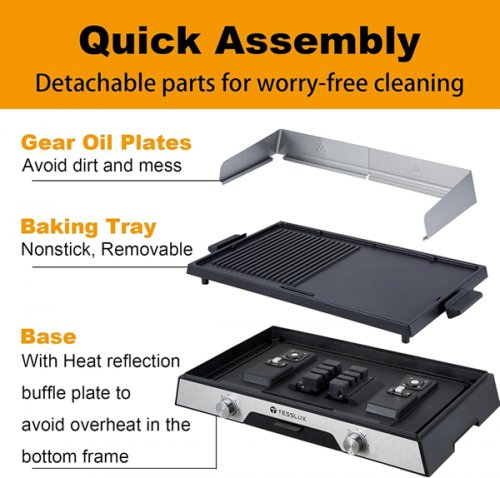 Tesslux XL Electric Grill Non-stick Griddle Combo - 21” X 13" - 1600W - BLACK/SILVER image 3