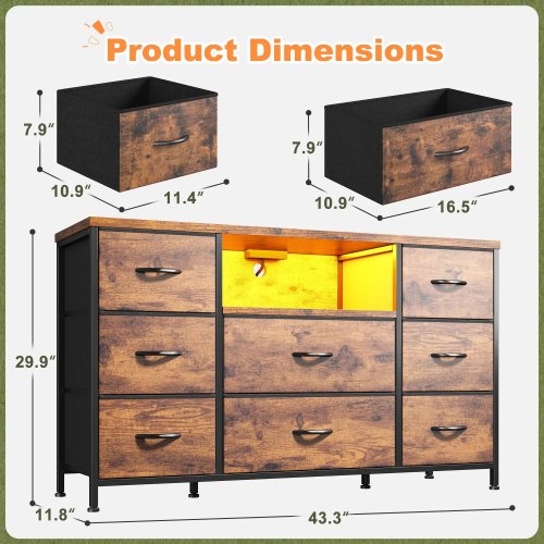 snhomee 8-drawer fabric dresser/tv stand with led lights & charging station - 43" x 12" x 30" - rustic brown - (model: 55sctv8d12br2) image 2
