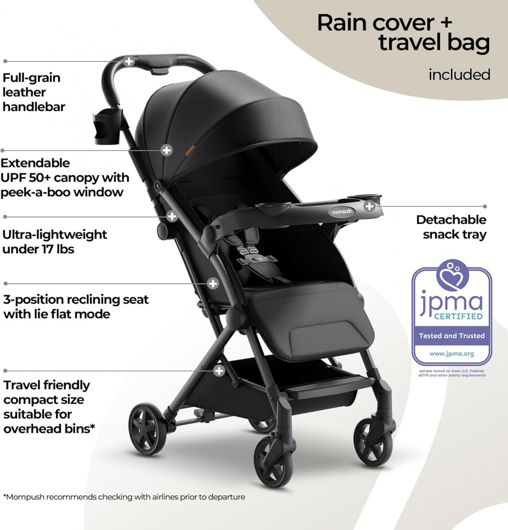 Mompush Lithe V2 Lightweight Stroller with Cup Holder and Rain cover - BLACK (model: T3500M) image 3