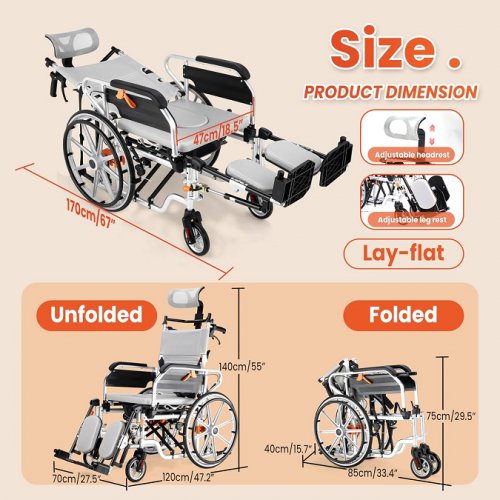 weyral 5-in-1 transport reclining wheelchair for adults/seniors with swing away elevated leg rests, flip back arms & high back removable headrest - 265lbs capacity - 27.5" x 47.2" x 55" - white/black (model:syiv100-ac608) image 2