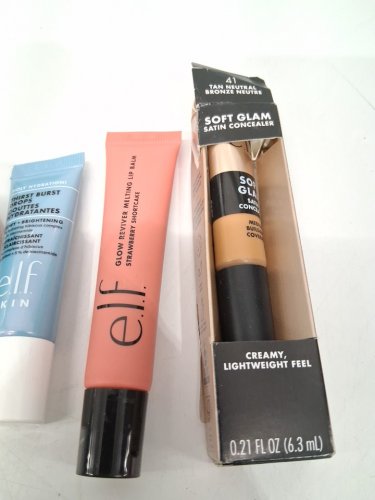 4 assorted elf makeup products - assorted  sizes, types and uses - colour corrector / dew drops / concealer / lip balm image 4
