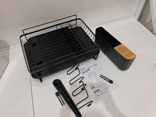 kitsure anti-rust extendable dish drying rack with cutlery and cup holders - 19" to 27" - black (model: ‎463) image 4
