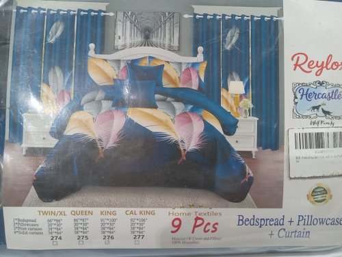 9pc REYLOX VINTAGE bedspread, pillowcase and curtain bedroom set -  KING - BLUE FEATHER image 3