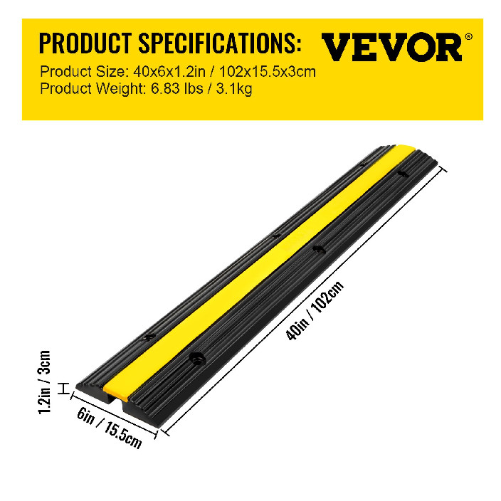 4PK HEAVY DUTY 1-CHANNEL RUBBER CABLE PROTECTOR RAMPS - UP TO 18000LB CAPACITY - BLACK/YELLOW (model: CP-1EV-4) image 2