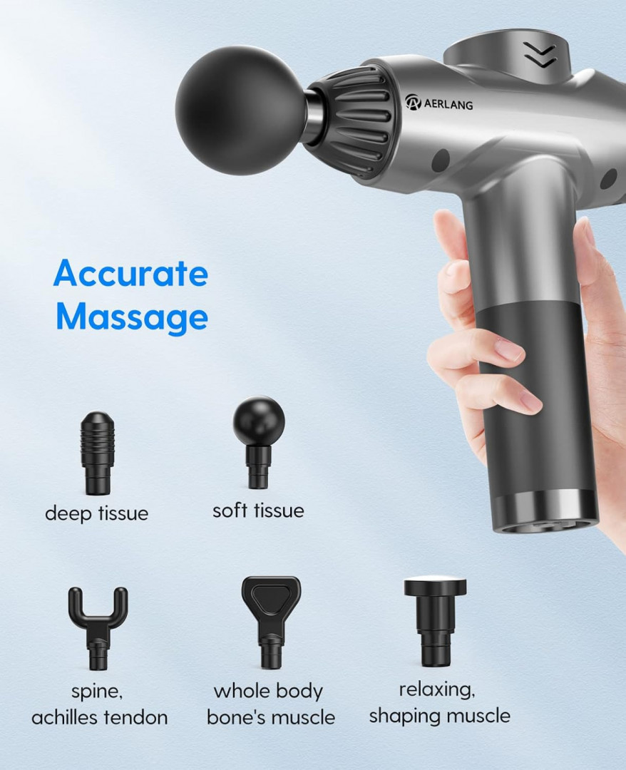 8pc aerlang 20-speed rechargeable handheld lcd touchscreen percussion massage gun with 6 interchangeable massage heads and carrying case - silver/black image 2