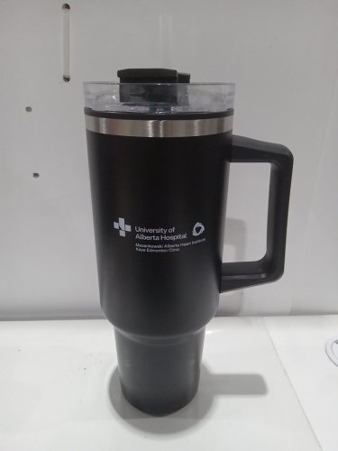 *customized* Plastic Travel Mug/Cup with Straw for Cold Beverages with "University of Alberta Hospital" logo - 40z -Black image 2