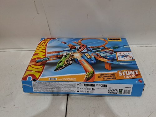 HOT WHEELS CRISS CROSS CRASH MOTORIZED TRACK SET WITH 4 HIGH SPEED CRASH ZONES AND RACE CAR - BLUE/ORANGE (MODEL: DTN42) image 2