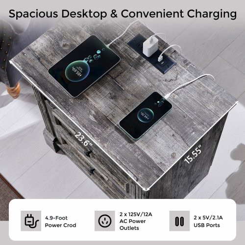 farmhouse Tall 3-drawer nightstand with charging station - 26" x 23.6" x 15.5" - grey (model: LD24003-N) image 2