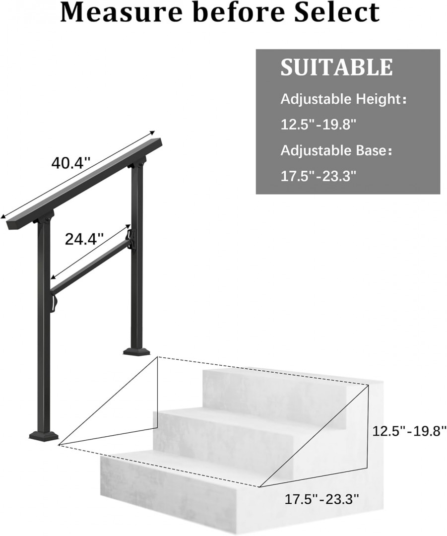 Hidalife Outdoor Stair Handrail Kit Adjustable Metal Wall Mount with Hardware - fits 2–3 Steps – Matte Black image 2