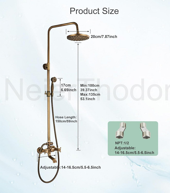 neierthodore wall mounted double cross handle shower faucet system with hand sprayer - 8" x 53.1" - antique brass (model: ‎FQT2-10) image 2