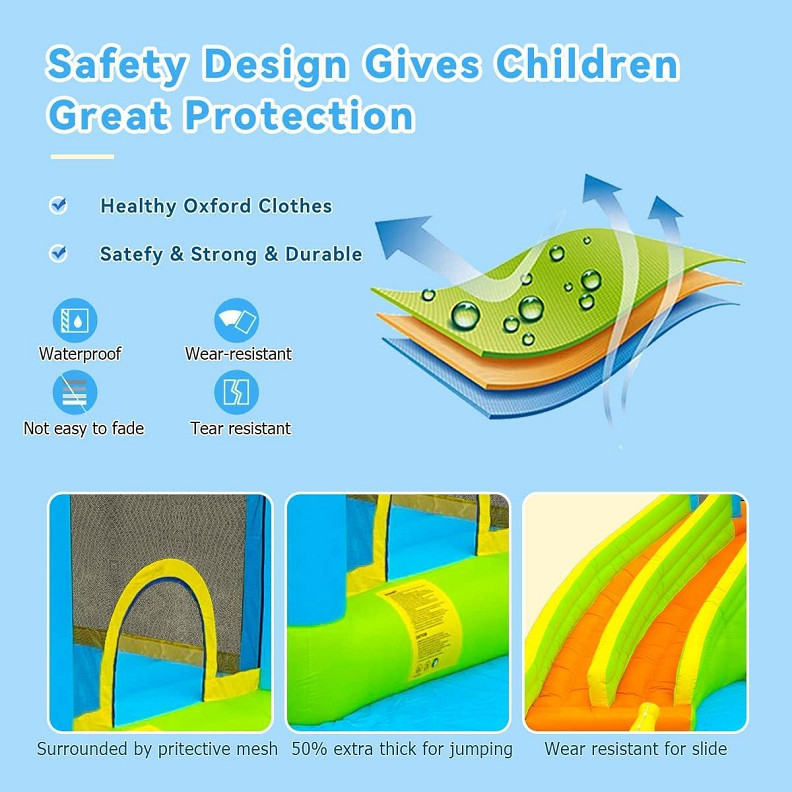 FBSPORT INFLATABLE WATER PARK BOUNCY CASTLE WITH FAN BLOWER x2 WATER GUNS BASKETBALL HOOP AND SLIDE - MULTI-COLOUR (MODEL: 20253) image 2