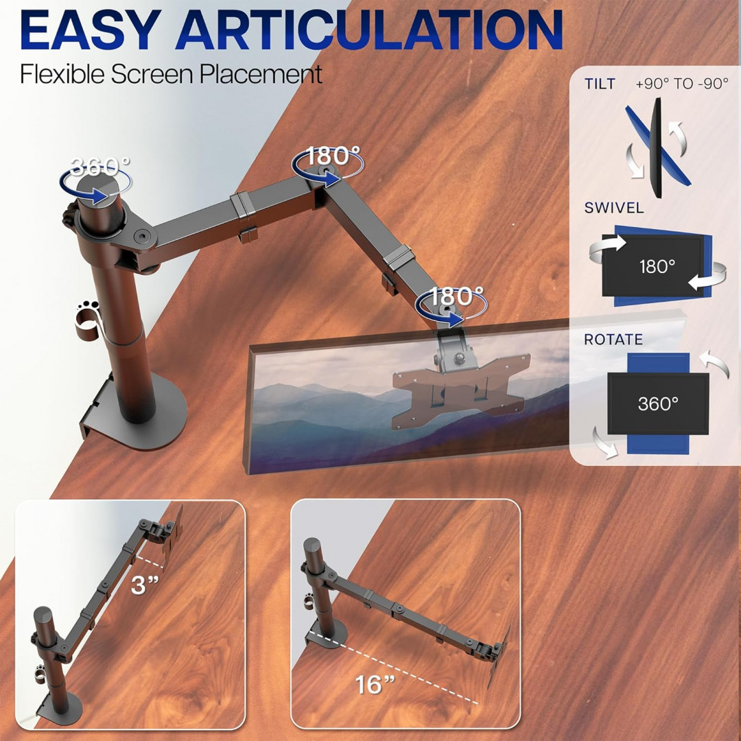 VIVO Single Ultrawide Monitor Fully Adjustable C-CLAMP Desk Mount STAND - FOR SCREENS 32" - 38" - 22LB MAX - BLACK (MODEL: STAND-V001) image 3