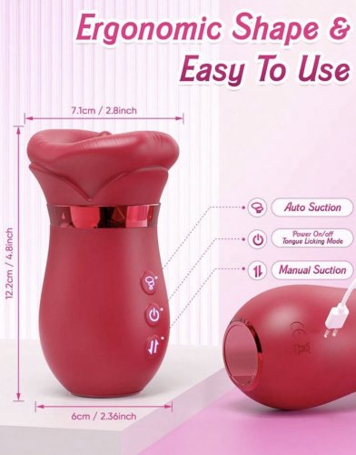 4-in-1 Rose sex toy sucking and tongue licking vibrator with 10 licking vibrations and 3 sucking functions - 4.8” x 2.8” - hot pink image 2