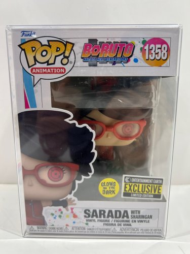 Funko pop! **glows in the dark**earth exclusive** animation: boruto Naruto next generation - sarada with sharingan vinyl figure (#1358) **plastic protector cover** image 3