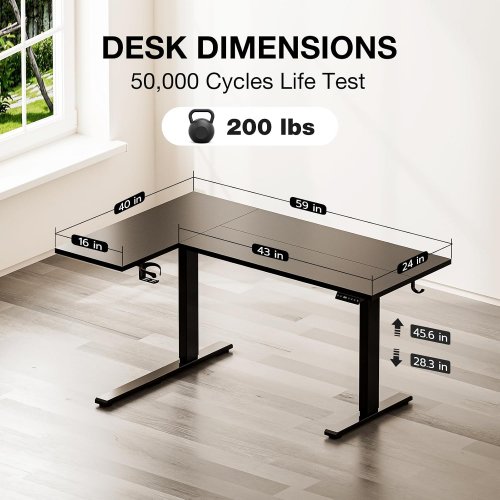 muvai modern adjustable l shaped computer desk - 59" x 40" x 28.3" - 45.6" - black image 2