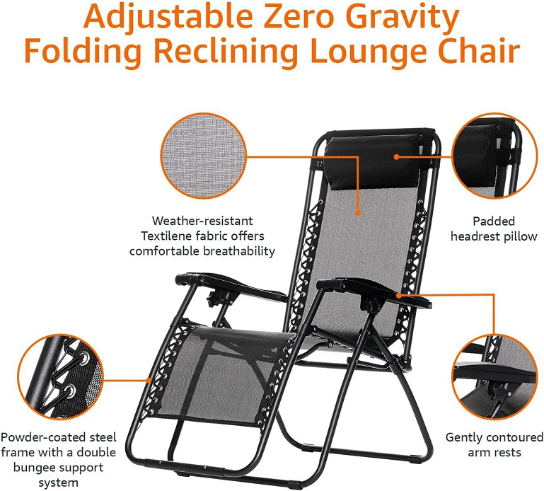 AMAZONBASICS OUTDOOR ZERO GRAVITY LOUNGE FOLDING CHAIR W/ LUMBAR PILLOW - BLACK image 2