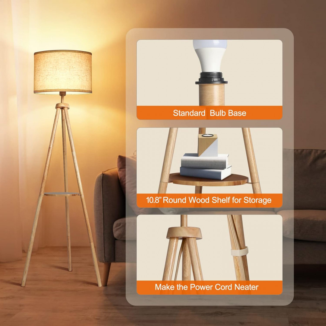 OUTON Tripod Floor Lamp Wood with Shelves, Mid Century LED Modern Dimmable Floor Lamp with Remote Control, Sturdy Tall Standing Lamp with Beige Linen Texture Shade for Living Room, Bedroom, Office (H-SJJ01) image 4