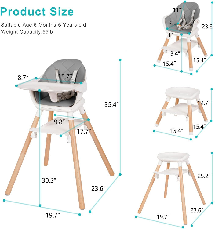 ricuton komcot 6-in-1 baby highchair convertible booster seat with 5-point harness - Gray/white/wood (model: etcy-01) image 3