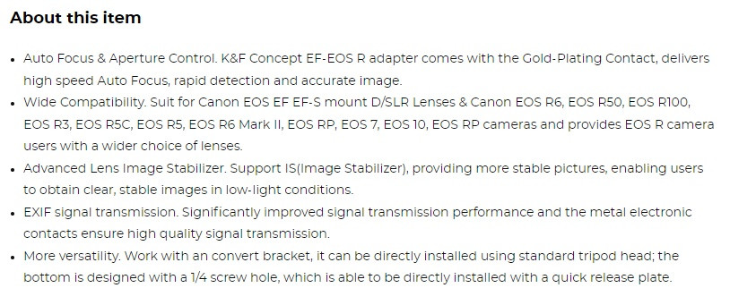 K&F Concept Auto-Focus Mount Adapter for Most Canon EOS Camera Models - High Speed Auto Focus - Black (Model: EF-EOS R II AF) image 2