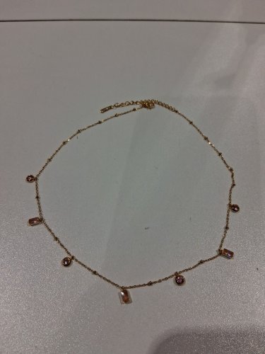 stainless steel small round and rectangle cubic zirconia charm necklace -15" - 18" - gold/pink/peach image 3