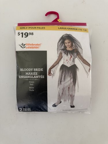4PC GIRLS WAY TO CELEBRATE BLOODY BRIDE COSTUME DRESS, VEIL, SOCKS, GLOVES - LARGE (10-12) - WHITE/BLACK/RED image 2