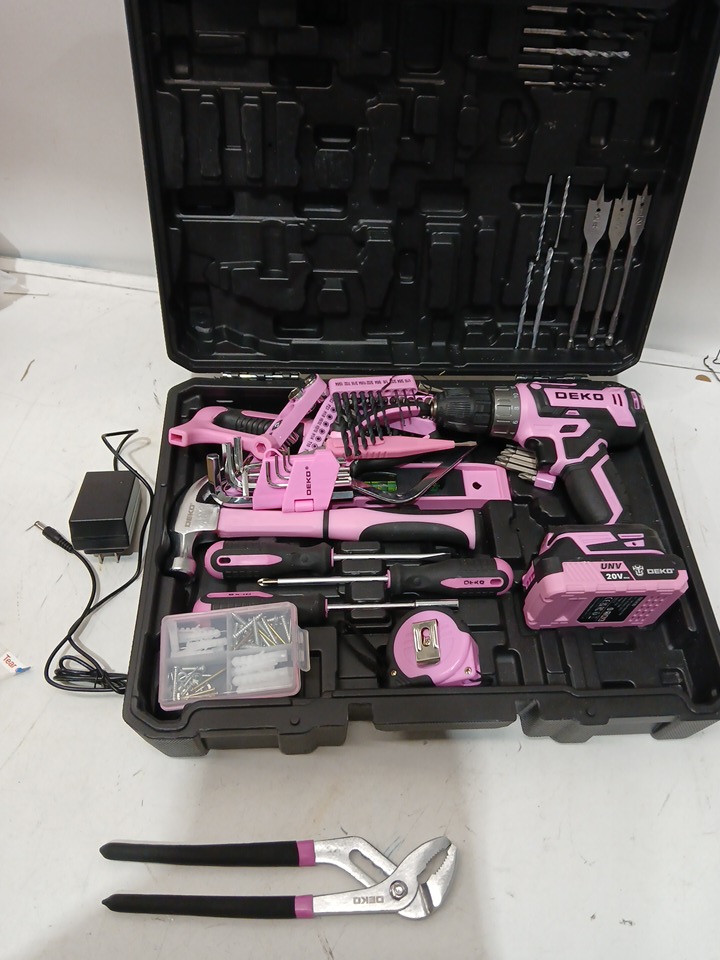 DEKOPRO DRILL TOOL SET KIT - CORDLESS DRILL TOOL BOX WITH 12V BATTERY, HAND TOOLS, HAMMER, PLYERS, SCREWDRIVERS AND MORE - PINK image 4