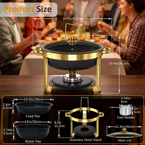 4pk effiQ-rate round maifanite-coated chafing dish buffet set with glass lids & utensils - 5qt - gold/black image 3