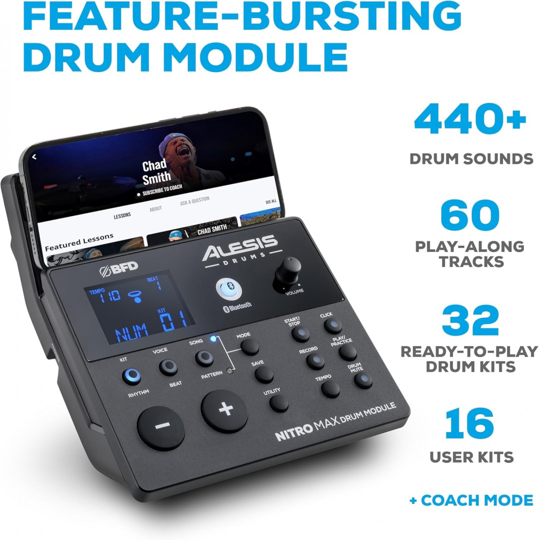 8pc Alesis Nitro MAX Bluetooth Electric Drum Kit with Quiet Mesh Pads - BLACK (MODEL: NITROMAXKITXUS) image 2