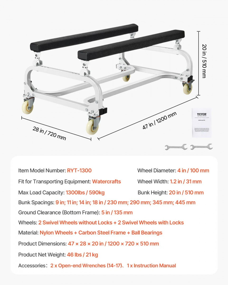 Vevor Watercraft PWC Dolly 1300lbs cap - 47" x 20" 28" - White (Model: RYT-1300) image 2