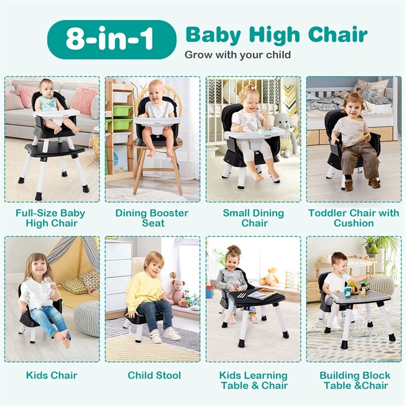 costway 8-in-1 convertible baby high chair -  38.5" x 23" x 23" - black/white (model: ad10030bk) image 3
