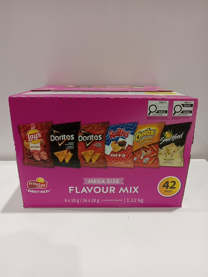 42PK Frito-Lay Mega Size FLAVOUR Mix CHIPS Variety Pack - 6 x 18g / 36 x 28g - Lay's Ketchup, Doritos Sweet Chili Heat, Doritos Nachos, Ruffles BAR-B-Q, Cheetos Crunchy, White Cheddar Smartfood image 2