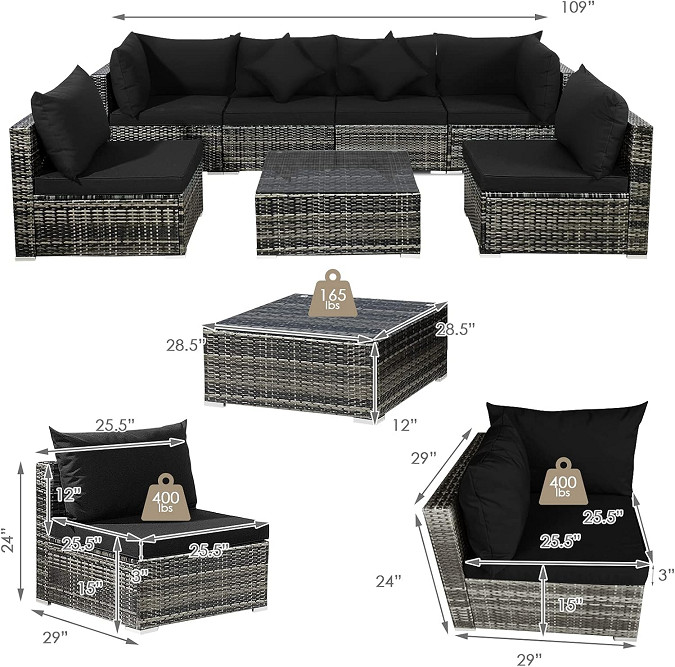 3pc patio joy Outdoor rattan patio sectional furniture set with tempered glass coffee table - black (model: HW75989DK-22) image 2