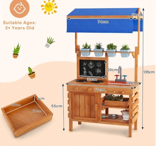costway Fir Wood Play Kitchen with Adjustable Canopy and Sink - natural(model: tp10274na) image 2