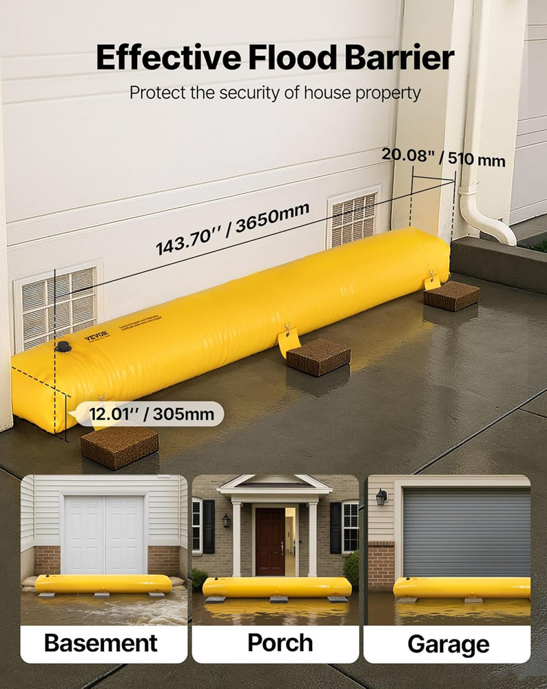 VEVOR Flood Barrier Height Sandbag Alternative - 12FT X 20" - YELLOW/BLACK (model: Flood Barrier 12 ft x 20 in) image 2