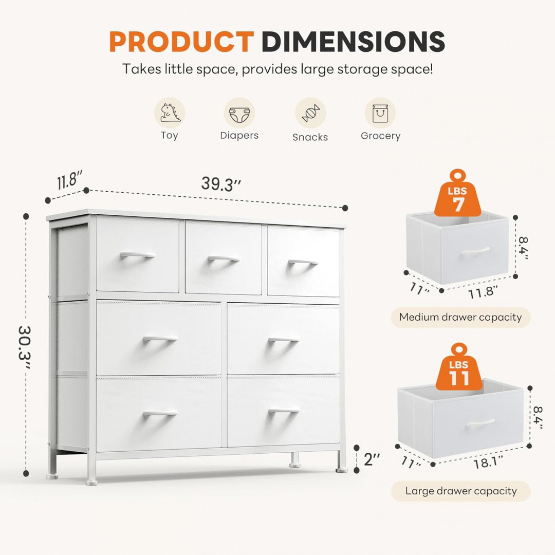 sweetcrispy 7-drawer dresser with fabric drawers - 39" x 12" x 30" - white - (model: cab-7bc-v2-wt) image 2