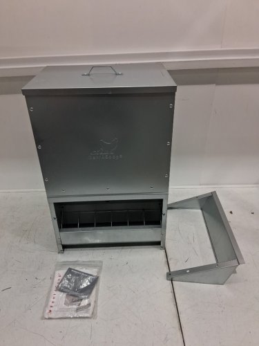 RentACoop Gravity-Fed Metal Trough Feeder with Lid & Rain Cover - 50lbs - silver/metal (model: MT-50LB-FED1) image 3